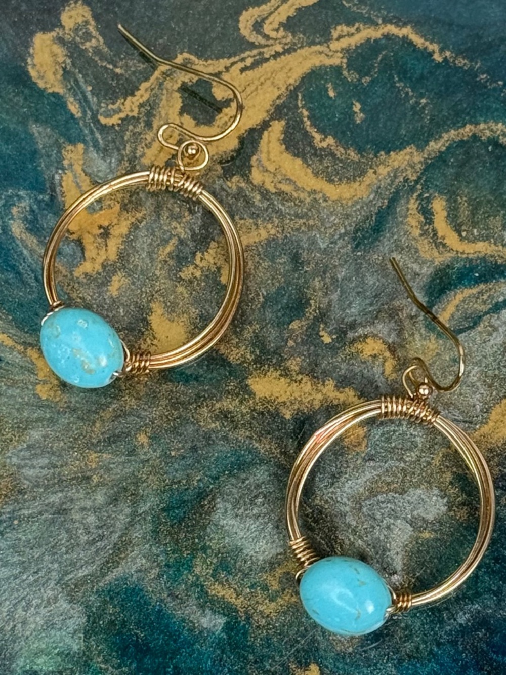 Gold Hoop Earrings with Turquoise Stones